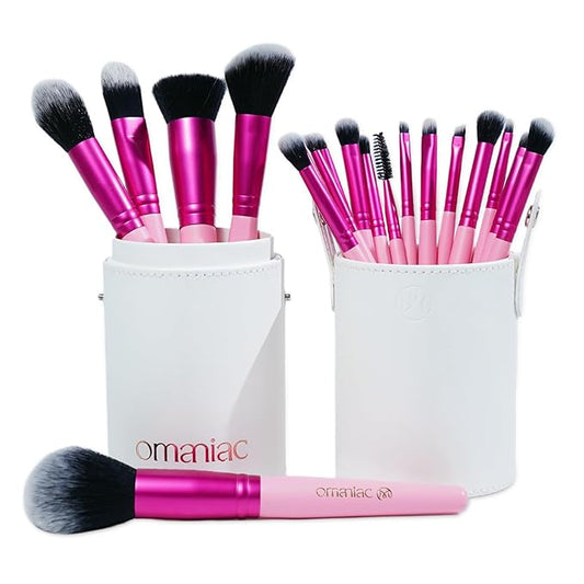 OMANIAC Makeup Brush Set Professional, 20Pcs Pearlescent Wood Handle Makeup Brushes, Premium Cruelty-Free Synthetic Fiber Hair, Travel Make up Brushes Set with Case (Rose red)