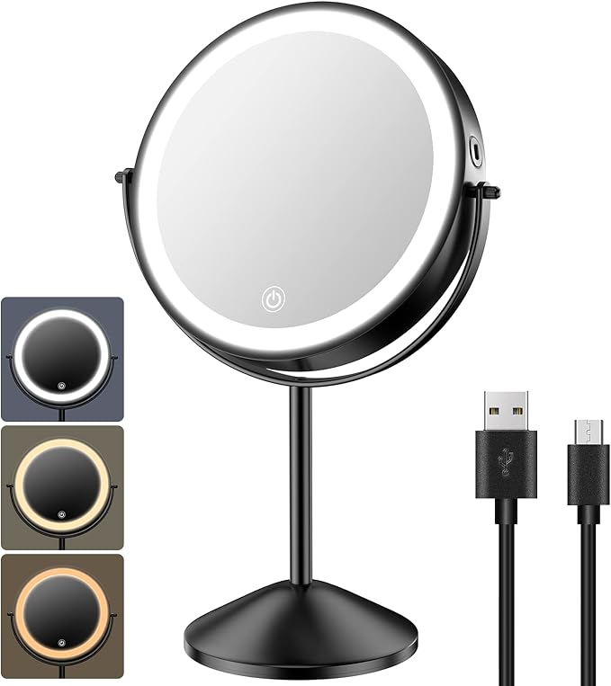 Benbilry 8 Inch Lighted Makeup Vanity Mirror with 3 Color Dimmable Lights, 1X/10X Magnifying Rechargeable Double Sided Light Up Cosmetic Mirror, 360° Swivel Cordless Standing, Black