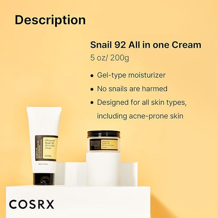 COSRX Snail Mucin 92% Moisturizer, Daily Repair Face Gel Cream Tube Type for Dry, Sensitive Skin, Not Tested on Animals, No Parabens, No Sulfates, No Phthalates, Korean Skin Care (3.52 Fl Oz / 100g)