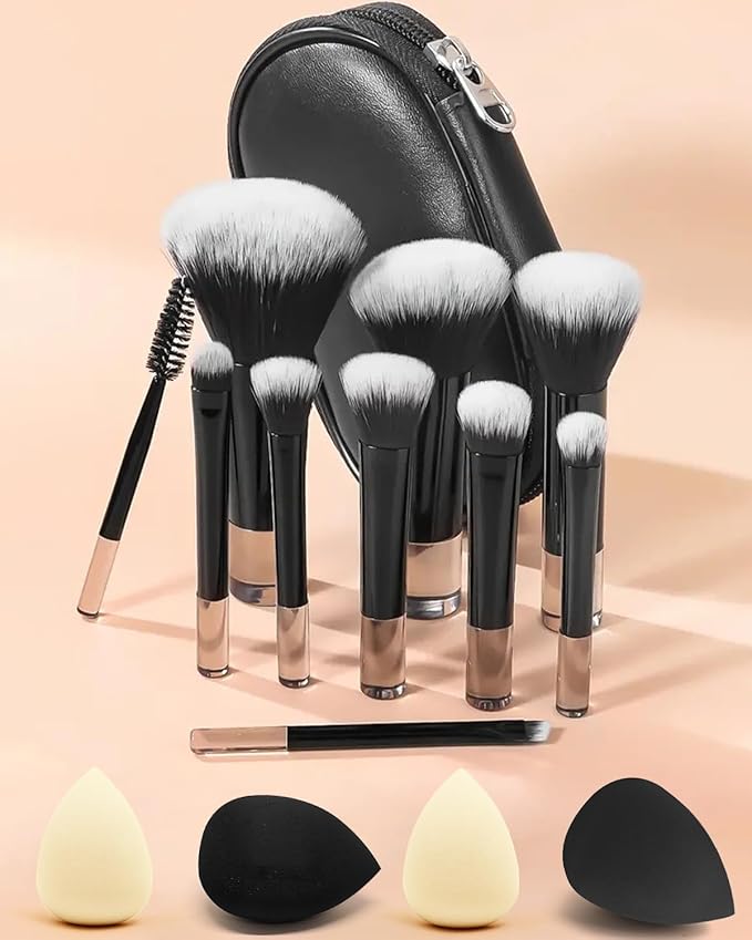 Mini Travel Makeup Brushes Portable Set, 14 Pieces, Full Complete Function Cosmetic Kit with Brush Pouch, On the Go Short Makeup Brush Small Travel Essentials for Women, Girls (Black)