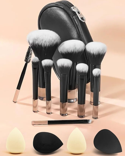 Mini Travel Makeup Brushes Portable Set, 14 Pieces, Full Complete Function Cosmetic Kit with Brush Pouch, On the Go Short Makeup Brush Small Travel Essentials for Women, Girls (Black)