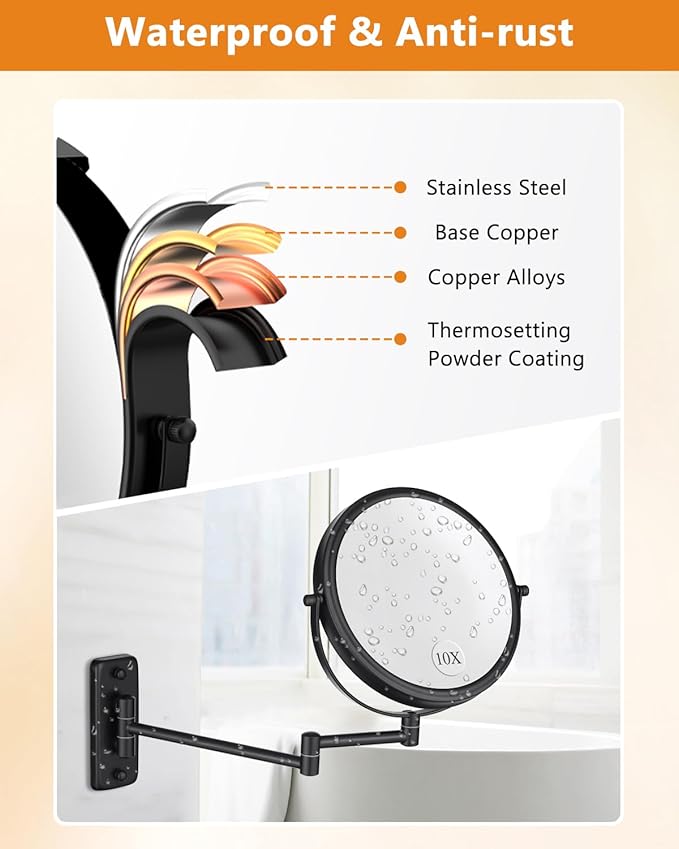 Wall Mounted Makeup Mirror - 1X/10X Magnifying Mirror for Wall, 8 Inch Double Sided 360° Swivel Extendable Bathroom Mirror for Shaving, Black