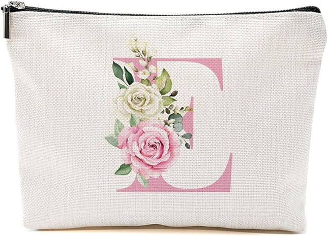 Pink Monogram Makeup Bag, Initial E, Cosmetic Bag Personalized Travel Organizer Bags Makeup Pouch, Monogrammed Gifts for Women Girls Friend Sisters Niece Bridesmaid Wedding Bridal Shower Gifts