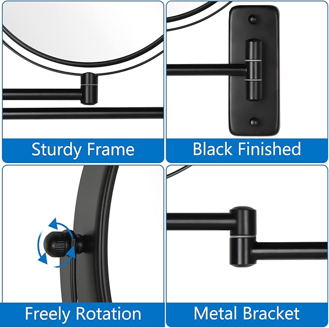 DECLUTTR 9 Inch Large Wall Mounted Makeup Mirror, 1X/10X Magnifying Mirror Double-Sided, 360° Swivel Extendable Makeup Mirror for Bathroom, Black