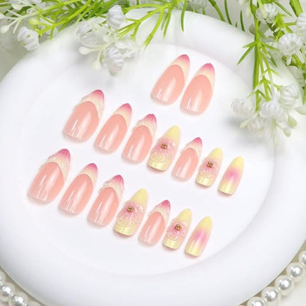 Press on Nails Almond Medium Yellow Pink Fake Nails with 3D Flower Gradient Designs French Tip Nails Press ons Acrylic Nail Glossy Glue on Nail Almond Stick on Nail for Women 24 Pcs