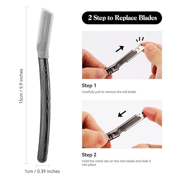 Eyebrow Razor, Face Razors for Women and Men, Reusable Metal Handle with 6 Refill Blades, Eyebrow Trimmer with Precision Cover, Dermaplane Razor, Skin Care Tool - Black