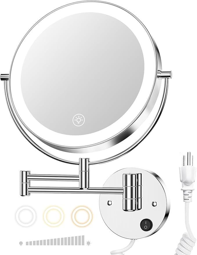 Gospire 9” Wall Mounted Lighted Magnifying Mirror, 1X/10X Magnification Double-Sided LED Bathroom Mirror, 3 Color Lights & Stepless Dimming with Touch Sensor, Extendable Arm 360° Swivel for Shaving