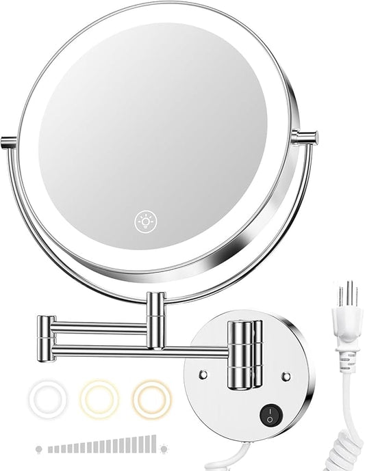 Gospire 9” Wall Mounted Lighted Magnifying Mirror, 1X/10X Magnification Double-Sided LED Bathroom Mirror, 3 Color Lights & Stepless Dimming with Touch Sensor, Extendable Arm 360° Swivel for Shaving