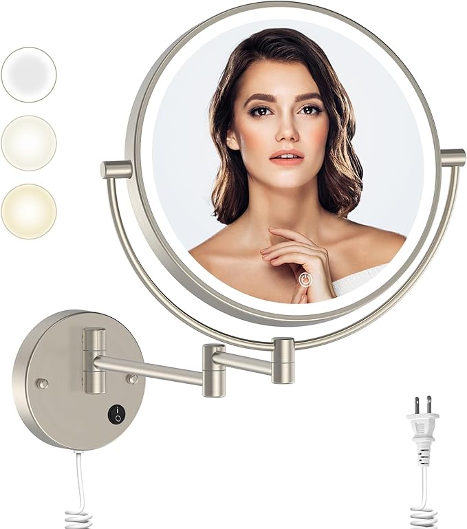 Rocollos 9" Plug-in Wall Mounted Lighted Makeup Mirror 1X/10X Magnification, Super Large Double Sided LED Vanity Mirror for Bathroom, 3 Color Dimmable 360°Swivel Extendable Shaving Cosmetic Mirror