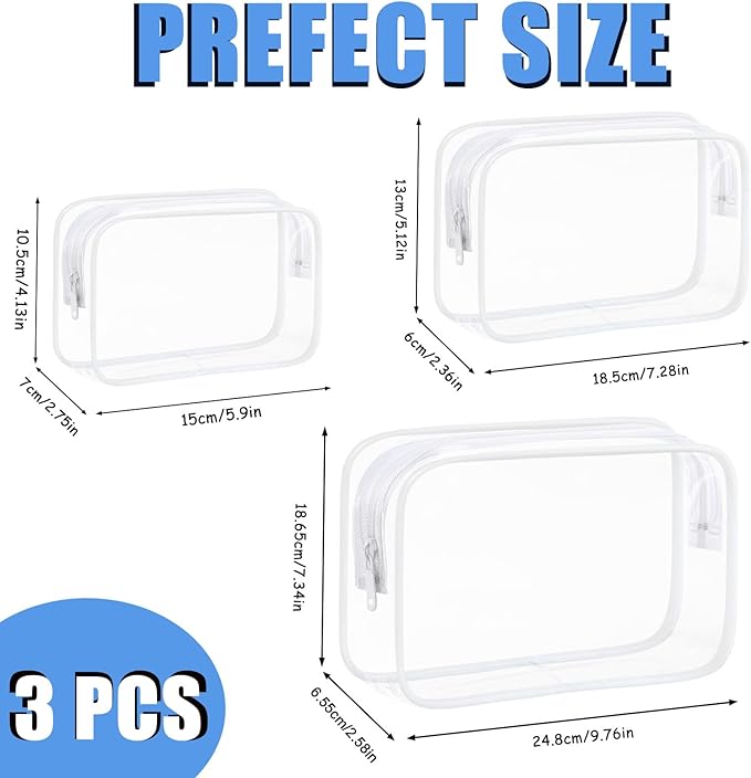 3 Pack Clear Makeup Bags, Waterproof Toiletry Bag with Zipper, Transparent Travel Cosmetic Bag, TSA Approved Clear Organizer Bags, PVC Cosmetic Pouch Case for Vacation Airport Airline Compliant