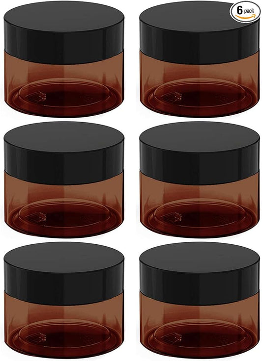 4 oz Amber Plastic Cosmetic Jars Leak Proof Container with Black Lid for Cream, Lotion, Powder, ointment, Beauty Products etc, 6 Pcs.