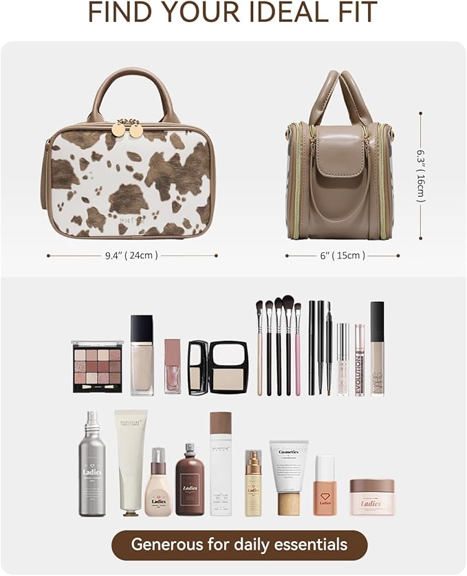 Prite Makeup Bag for Women, Large Capacity Waterproof Travel Cosmetic Organizer, Portable Open Flat Toiletry Bag with Free-standing Brush Holder and Handle(Cow Print Medium)