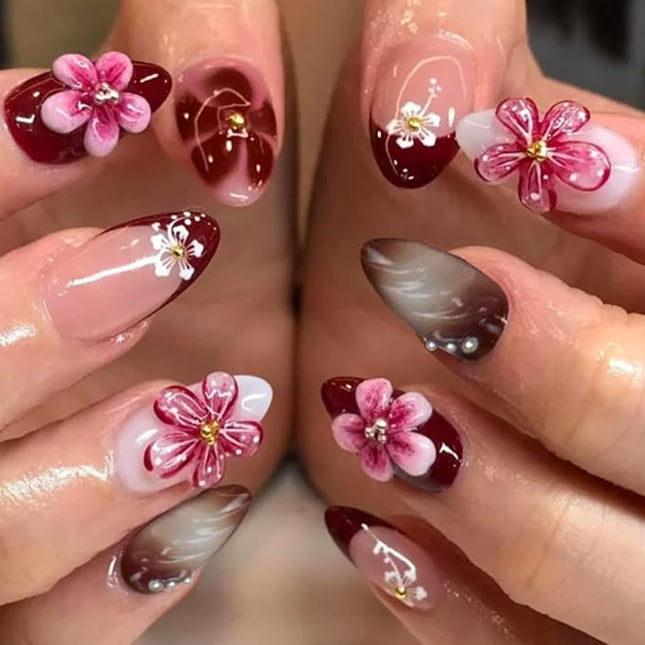 Almond Press on Nails Medium Fake Nails with 3D Flower Gold Pearl Designs French Tip Nails Press ons Pink Acrylic Nail Glossy Glue on Nail Gradient Stick on Nail for Women 24 Pcs