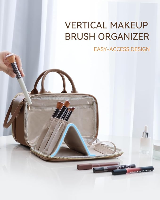 Prite Makeup Bag for Women, Large Capacity Waterproof Travel Cosmetic Organizer, Portable Open Flat Toiletry Bag with Free-standing Brush Holder and Handle(Brown Medium)