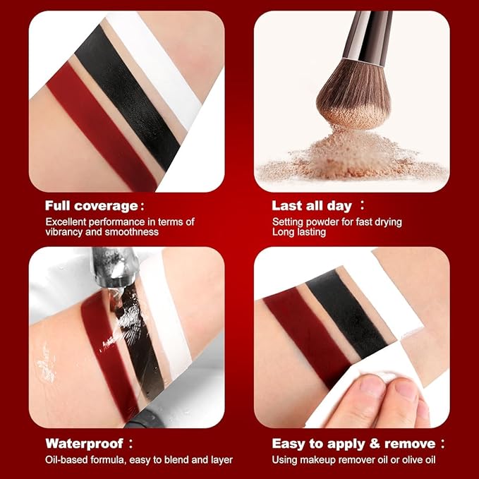 Afflano Red Black White Face Paint Halloween Clown Makeup Kit, Black and White Body Paint with Sponges Brushes, Washable Red Face Painting for Joker Pennywise Zombie Vampire Cosplay Theater SFX Makeup