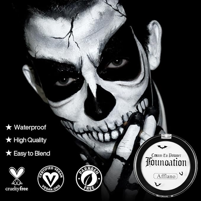 Goth White Foundation Makeup, White Face Body Paint High Coverage Cream to Powder, Waterproof Face Painting Makeup for Clown Zombie Halloween Costume, Professional Greasepaint for Stage SFX Cosplay