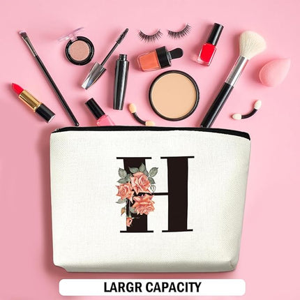 Personalized Makeup Bag, Initial Letter H Makeup Bag for Women Rose Monogram Cosmetic Bags Toiletry Pouch, Monogrammed Gifts for Women Mom Grandma Sister Friends Thanksgiving Christmas Birthday Gift