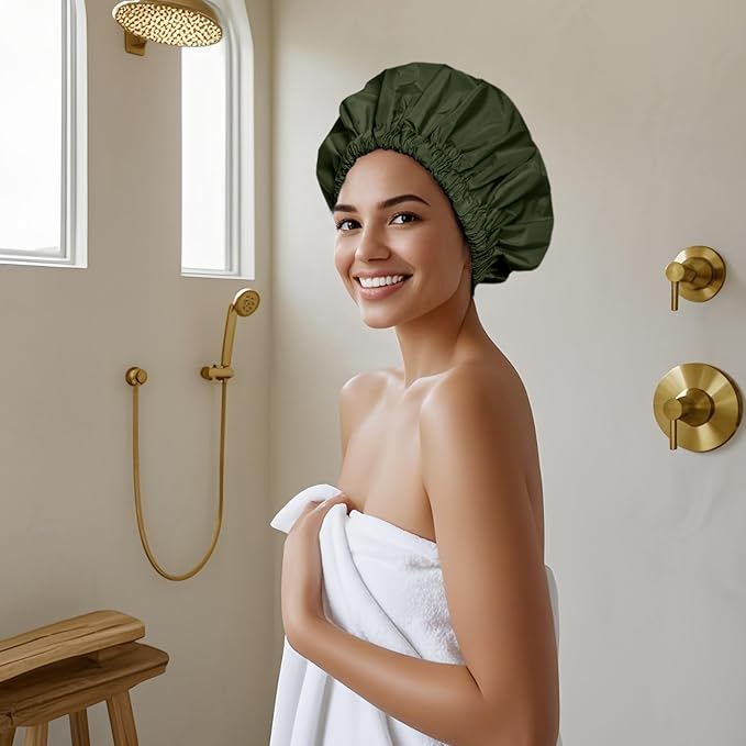 Reusable Shower Cap for Women, Large Waterproof Shower Bonnet Washable Elastic Band Bath Accessories Hair Hat for Long Hair, Braids(Black&Green)