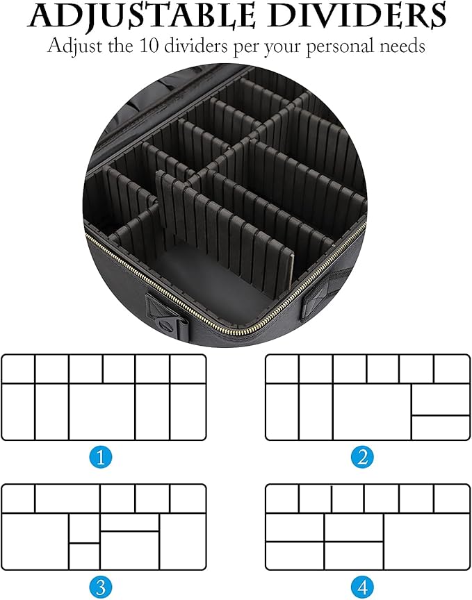 JOURMON Travel Makeup Case 3 Layers Portable Makeup Train Case Cosmetic Bag Organizer Storage for Women with Adjustable Dividers and Shoulder Strap for Toiletry Travel Accessories(Black, L)