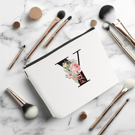 Personalized Makeup Bag, Initial Letter Y Makeup Bag for Women Rose Monogram Cosmetic Bags Toiletry Pouch, Monogrammed Gifts for Women Mom Grandma Sister Friends Thanksgiving Christmas Birthday Gift