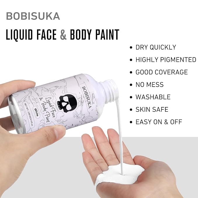 BOBISUKA White Face Body Paint Liquid Texture Washable Non Toxic Facepaint Fast Drying Foundation Makeup for Halloween Clown Skeleton Skull Cosplay SFX Costume Party Large Capacity(130ml)