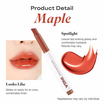 INGA Water Glow Melting Balm - Hydrating Tinted Lip Balm with Soft, Melt-On Texture, Natural Sheer, Glass-Like Finish with Non-Sticky, Lightweight Comfort (MAPLE JUICE)