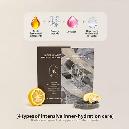 HEVEBLUE Black Yuja Bean Makeup Spa Mask Pack 10ea - 0.8 Fl. Oz of Ampoule Per Sheet, Nourishing, Sensitive Skin, Korean Skincare, Aesthetic, Moisturizing, Vegan, Hypoallergenic, K-Beauty