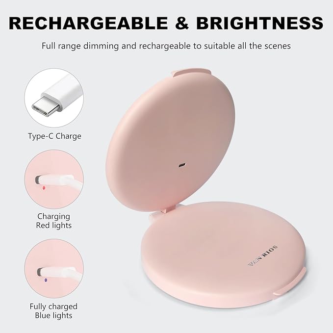 6.3 Inch Folding Rechargeable Double Sided Makeup Mirror with Lights,Travel Portable Magnifying (10x 1x),Magnifying Mirror with Light for Myopia and Makeup Fanatics
