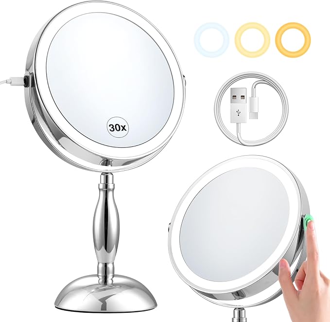 30x Magnifying Mirror, Lighted Makeup Mirror with 3 Colors Modes & Adjustable Brightness, 360° Rotation Double Side, Large Magnifying Vanity Mirror, Gifts for Women
