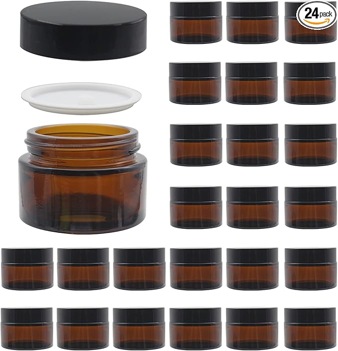 24 Pack 1 oz Round Amber Glass Cosmetic Jars with Lids And Inner Liners, Travel Glass Jars, Refillable Cosmetic Containers for Lotion, Lip Scrub, Makeup, Eyeshadow, Slime, Paint