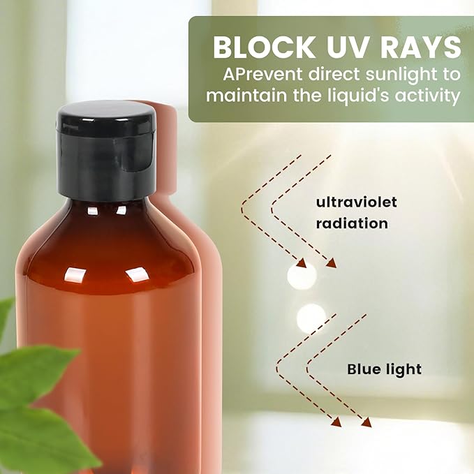 Travel Size Amber Bottles with Flip Cap - 24 Pack 3.4oz Leak Proof Dispenser Containers for Toiletries, Essential Oils & Shampoo - Set of Small Empty Plastic Bottles