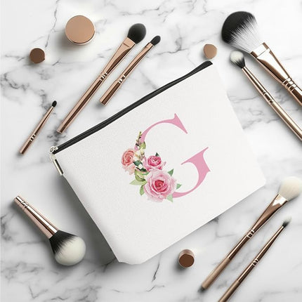 Pink Monogram Makeup Bag, Initial G, Cosmetic Bag Personalized Travel Organizer Bags Makeup Pouch, Monogrammed Gifts for Women Girls Friend Sisters Coworker Bridesmaid Wedding Bridal Shower Gifts