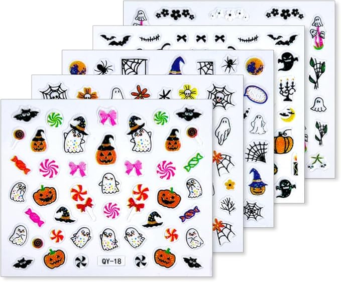 30 Sheet Halloween Nail Art Stickers Decals Cute Ghost Pumpkin Design Spider Web Scary Eyes Acrylic Nails Supplies for Women Manicure Decorations