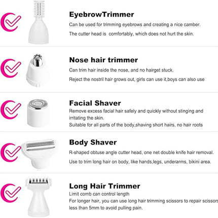 Electric Razor for Women Removal for Body Nose Hair Trimmer Face Shavers Eyebrow Legs Armpit Bikini Area Pubic Underarms Painless Rechargeable Portable 5 in 1 Womens Razors Set
