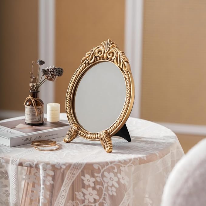 Small Round Gold Vintage Vanity Mirror – 9.5" x 12.5" Small Baroque Desktop Mirror, Antique Freestanding Dressing Table Mirror for Bedroom, Living Room, and Countertop Décor