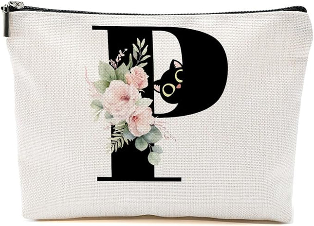 Floral Cat Initial Makeup Bag, Personalized Skin Care Bag, Travel Organizer Toiletry Bags for Women Mom Friends, Cosmetic Bags Makeup Pouch with Zipper, Letter P