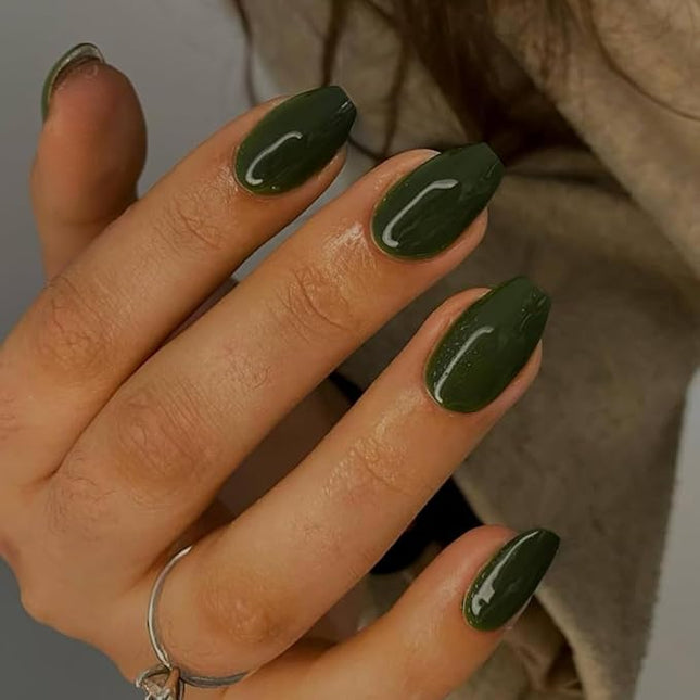 Olive Green Press on Nails Medium Coffin Fake Nails Press ons KXAMELIE Full Cover False Nails Tips Medium Length Glue on Nails Natural Thick Long Acrylic Nails 24Pcs Solid Color Coffin Nails for Women
