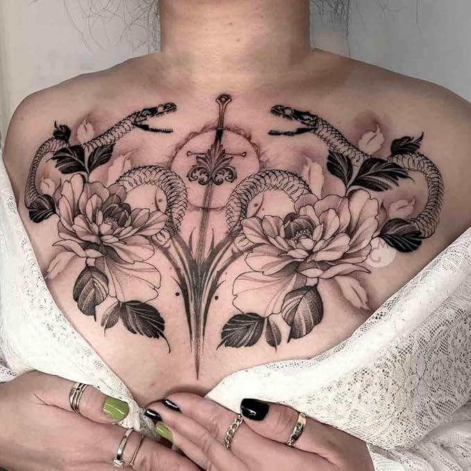 Large Temporary Tattoos Women Temporary Neck Tattoos Temporary Realistic Flower Chest Tattoo for Adults (Temporary Tattoos Sticker 51)
