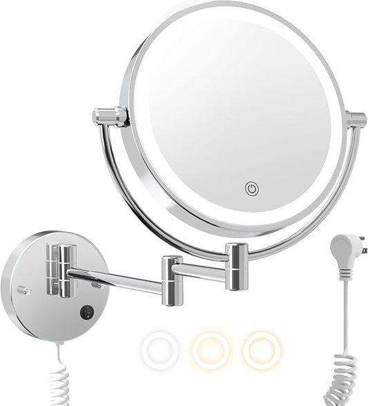 FASCINATE Upgraded Wall Mounted Makeup Mirror with Lights, Super Large Double Sided 1X/10X Magnifying Mirror for Bathroom, 360° Swivel Extendable Plug Touch Sensor Vanity Mirror