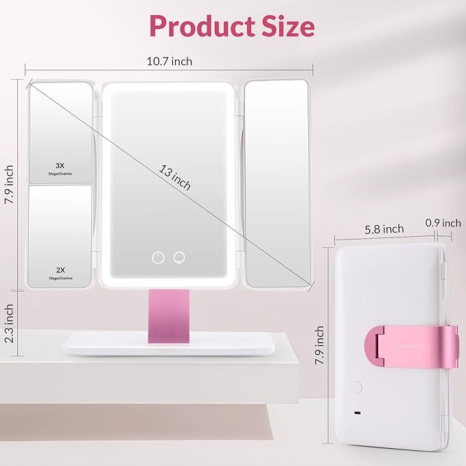 EASEHOLD Foldable Tri-Fold Lighted Makeup Vanity Mirror with 60 LED Lights, 1X/2X/3X Magnification, Touch Control Dimming, 3000mah Rechargeable, 360° Rotation, Portable Travel Folding Compact Mirror