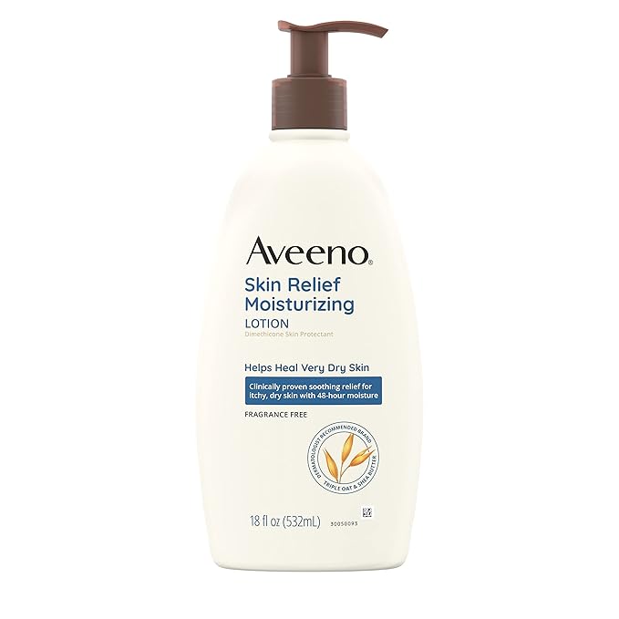Aveeno Skin Relief Moisturizing Lotion Heals Very Dry, Sensitive Skin, Fast-Absorbing Body Lotion with Soothing Triple Oat & Shea Butter Formula, Fragrance Free, Non-Comedogenic, 18 fl. oz