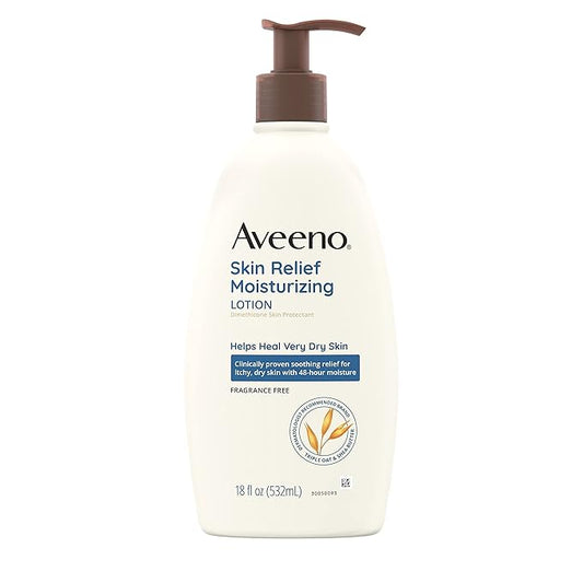 Aveeno Skin Relief Moisturizing Lotion Heals Very Dry, Sensitive Skin, Fast-Absorbing Body Lotion with Soothing Triple Oat & Shea Butter Formula, Fragrance Free, Non-Comedogenic, 18 fl. oz