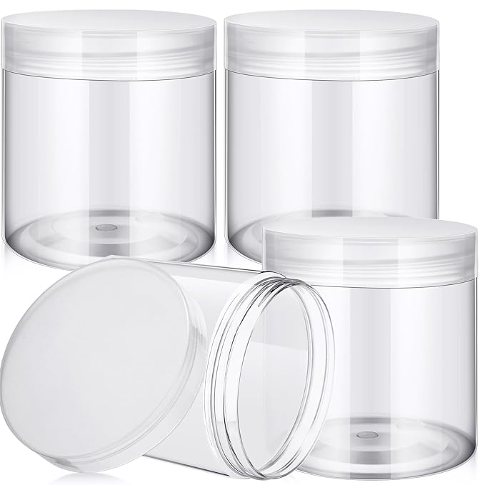 Patelai 4 Pieces Round Wide-mouth Leak Proof Plastic Container Jars with Lids for Travel Storage Makeup Beauty Products Face Creams Oils Salves Ointments DIY Making(16 Ounce,Clear)