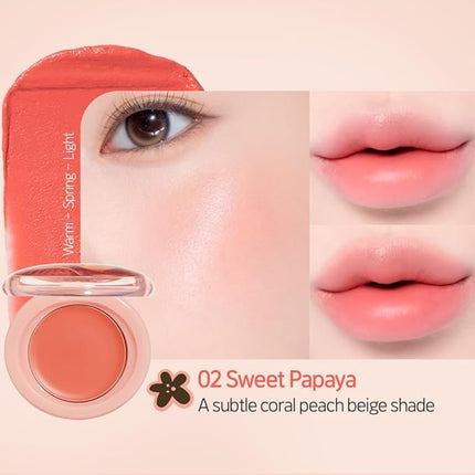 Etude Fruity Lip & Cheek Blur Balm – Sheer Tinted, Moisturizing Cream Balm with Puff, Hydrating Multi-Use Lip & Cheek Color #2 Papaya