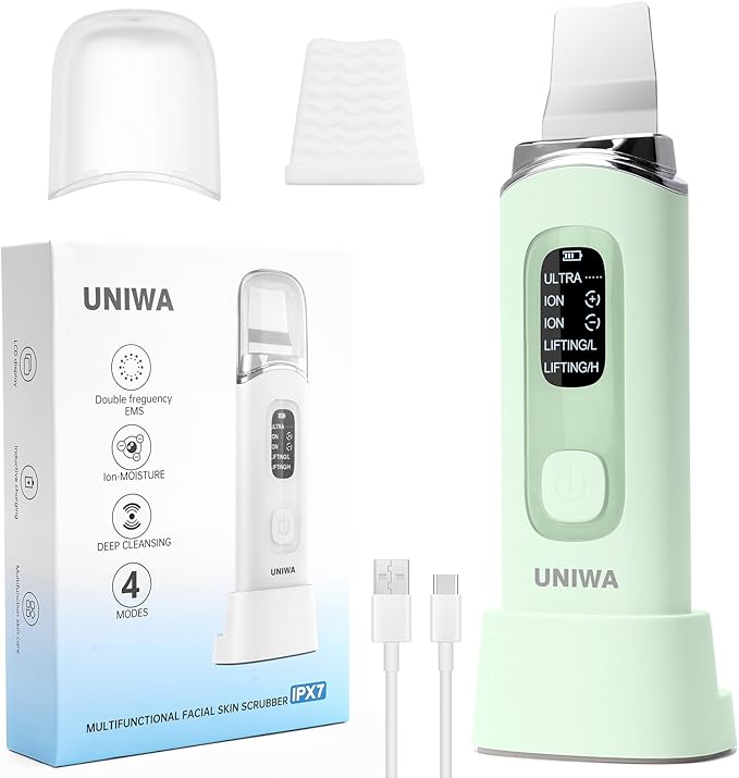 UNIWA Skin Scrubber Face Spatula, Skin Scrubber Pore Cleaner Blackhead Remover Tool for Deep Facial Cleansing - 4 Modes, Face Spatula with USB Charger, LCD Display, IPX7 Waterproof -Green