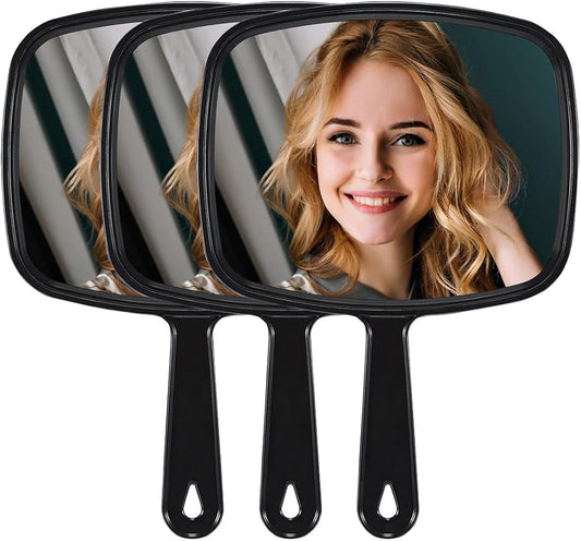 Hand Mirror, Barber Hairdressing Handheld Mirror with Handle for Salon, Square, Black, Medium,Pack of 3