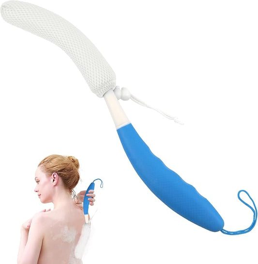 Back Scrubber for Shower，Mesh Sponge Body Shower Brush with Long Handle for Use in Shower Back Scrubber,Back Scrub for Exfoliating Body Scrubber or Shower Brush (Blue and White)