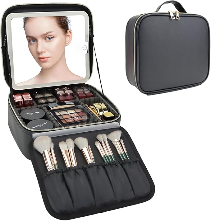 Travel Makeup Bag with LED Mirror Travel Makeup Organizer with 3 Lighted Settings, Adjustable Dividers and Makeup Brush Storage Bag Black