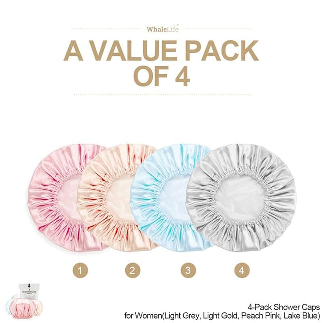 Shower Cap for Women Reusable Extra Large Shower Caps for Men Satin Double Layer EVA Waterproof Long Hair Caps(Light Grey, Light Gold, Peach Pink, Lake Blue 4 Pack)