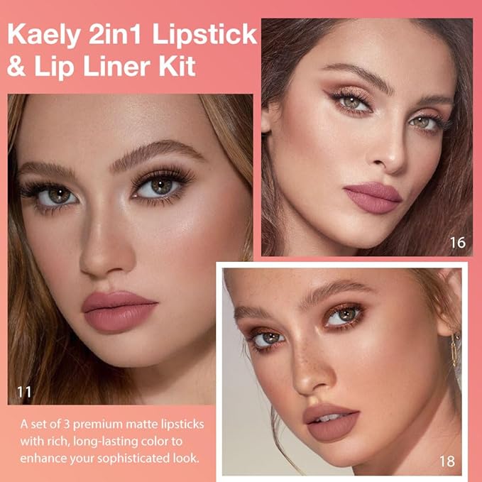 Kaely 3Pcs Gradient Matte Lipstick Lip Liner Pencil Set for Women, 2in1 Flawless Contour Gradual Ombre Effect Lip Pencil Makeup Waterproof, labiales mate 24 horas originales, 11+16+18